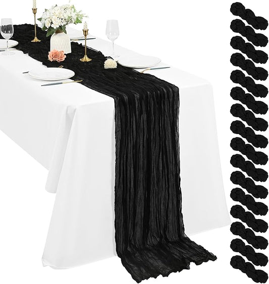 Pesonlook 16 Pack Black Cheesecloth Table Runner, 35x120 Inch Rustic Rippled Wedding Party Decoration