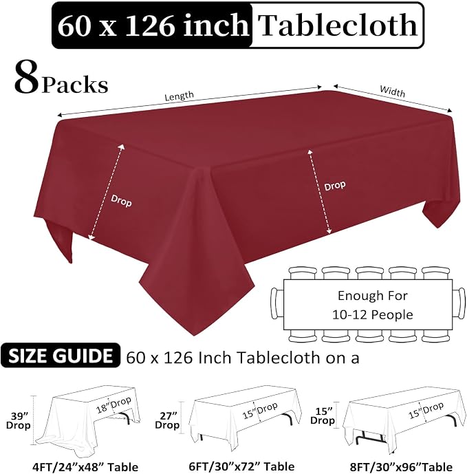 8 Pack Burgundy Table Cloth 60 x 126 Inch Rectangular for 8 Foot Rectangle Tables, Wrinkle Resistant Burgundy Tablecloth Washable Polyester Fabric for Buffet Wedding Party Banquet