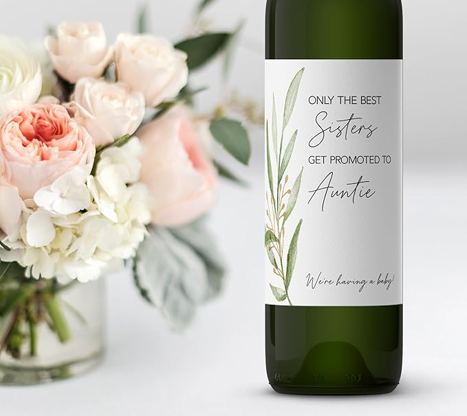 FAMILY & FRIENDS Pregnancy Announcement Wine Labels ● SET of 6 ● 2 Best SISTERS + 4 Best FRIENDS Get Promoted to AUNTIE Label, Baby Reveal Card alternative, Waterproof (Greenery)