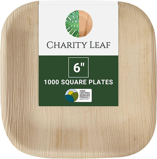 Charity Leaf Disposable Palm Leaf 6" Square Plates (1000 pieces) Bamboo Like Serving Platters, Disposable Boards, Eco-Friendly Dinnerware For Weddings, Catering, Event