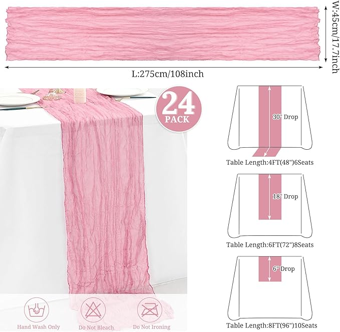 24 Pack Dusty Rose Cheesecloth Table Runner,Gauze Boho Long Cheese Cloth Table Runner 17x108 inch Rustic Table Runners for Wedding Party Bridal Shower Christmas Banquet Table Decorations