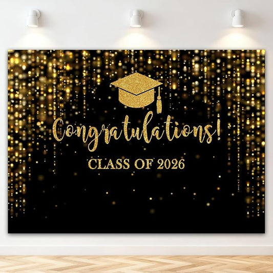 Mocsicka Class of 2026 Backdrop Black Gold Glitter Bokeh Graduation Party Background 2026 Congrats Grad Prom Party Cake Table Decoration Photo Booth Props (7x5ft)