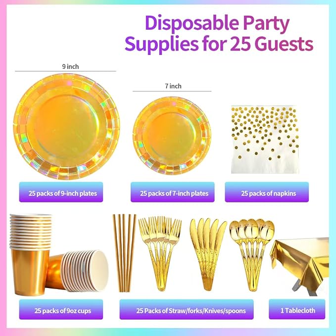 201-piece disposable party tableware set with paper plates, cups, napkins, straws, tablecloths, plastic knives, forks and spoons for a variety of party occasions for up to 25 people (Golden Rainbow)