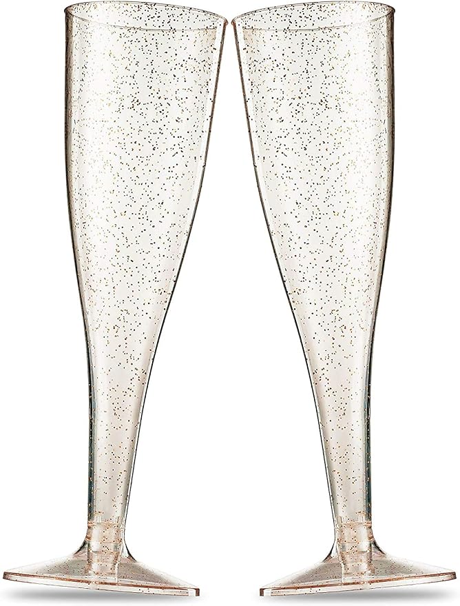 Munfix 100 Plastic Champagne Flutes - 5 Oz Disposable Gold Glitter Champagne Glasses for Parties, Mimosa Bar, Events, Wedding and Shower Party Supplies - Toasting Cocktail Cups