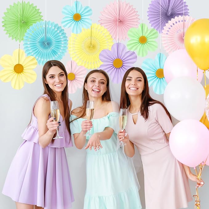 Pastel Paper Fans Party Decorations, 12PCS Macaron Flower Wall Backdrop for Gender Reveal, Boho Rainbow Birthday, Wedding, Bridal Shower & Nursery Decor, Easter