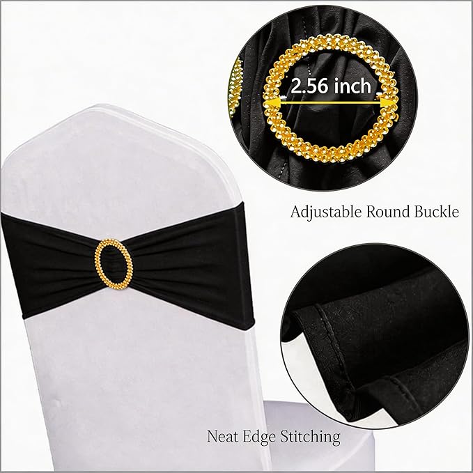 Pack of 50 Spandex Black Chair Sashes with Gold Buckles, Stretch Chairs Sashes for Wedding Party Baby Shower Ceremony Event Decorations Chair Bands Bows (Black Sashes, Gold Buckles)