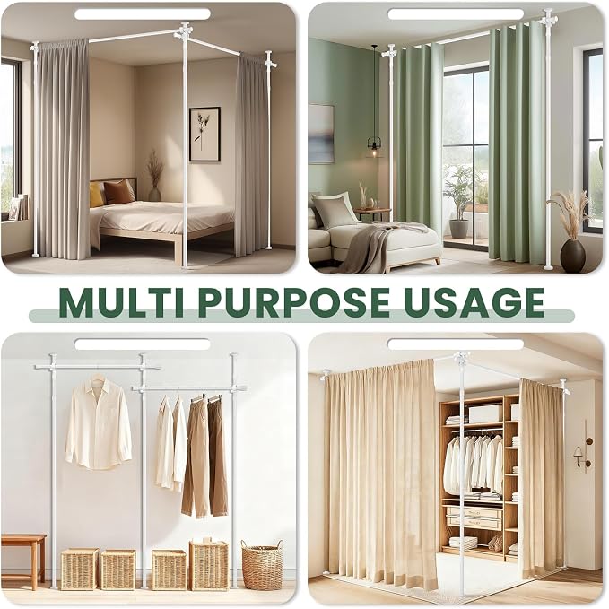 Jilron Tension Curtain Rods No Drill Adjustable Room Divider, Tension Rod for Room Separator and Partition Room Dividers, Easy Installation for Bedroom & Apartment(White - W35-100 × H43-120 in)