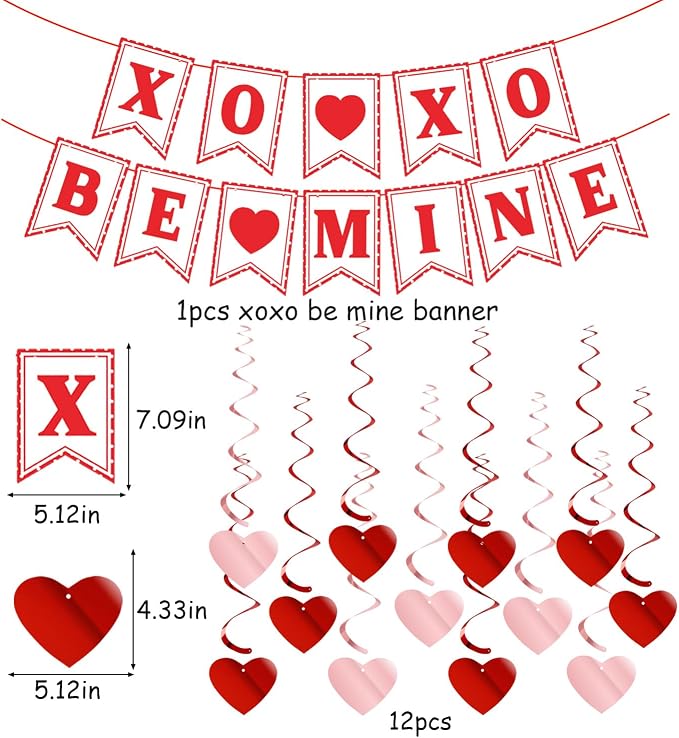 Galentines Party-Decoration Valentines Heart Garland - 25pcs Red Rose-Gold Paper Streamers Honeycomb Fans XOXO BEMINE Banner, Anniversary Baby Shower Wedding Love Hanging Supplies Decor Hugfond