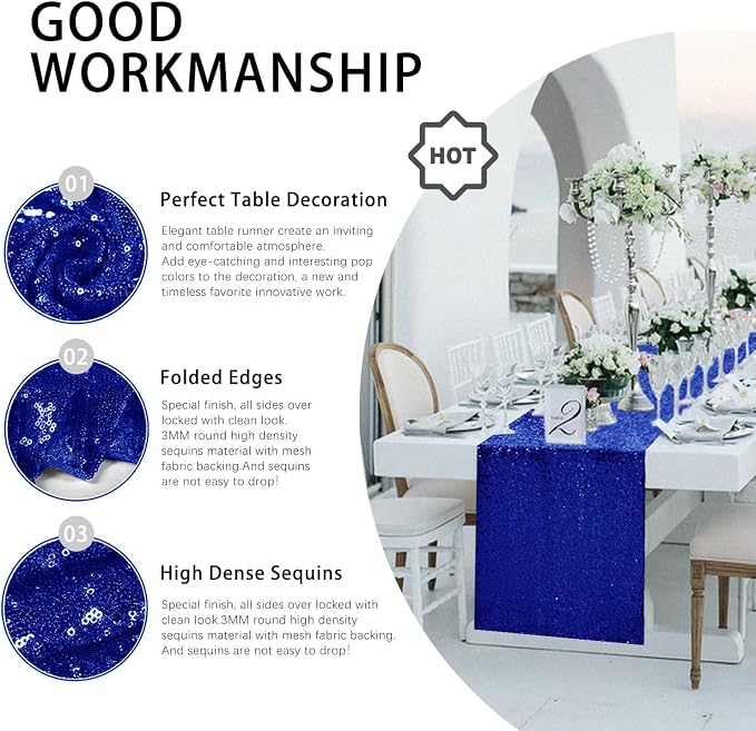 10 Packs 12 x 72 inches Royal Blue Sequin Table Runner, Glitter Runner for Birthday Party Supplies Wedding Holiday Celebration Baby Shower Engagement Anniversary Decor