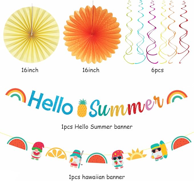 Summer Luau Hawaiian-Beach Party-Decorations Supplies - 21pcs Hello Banner,Pool Paper Lanterns Honeycomb,Hanging Streamers Garland,Tissue Pom Poms Flowers Fans,Tropical Outdoor Theme Decor Burgleda