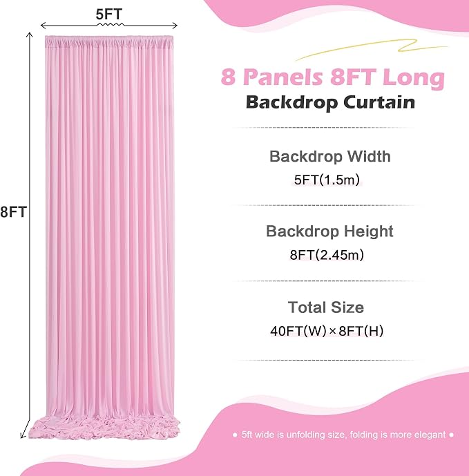 40ft x 10ft Wrinkle Free Pink Backdrop Curtain for Parties, 8 Panels 5×10ft Silky Polyester Light Pink Photo Backdrop Drapes Back Drop Cloth for Girl Party Birthday Gender Reveal Wedding Photography