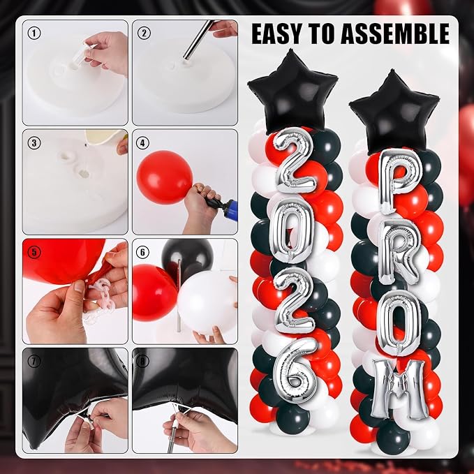 2 Sets Graduation Balloon Column Stand Kit with Balloons Prom Send off 2026 Grad Prom Themed Decoration Black Red Balloon Tower Stand for Floor Grad School & College Celebration Party Supplies