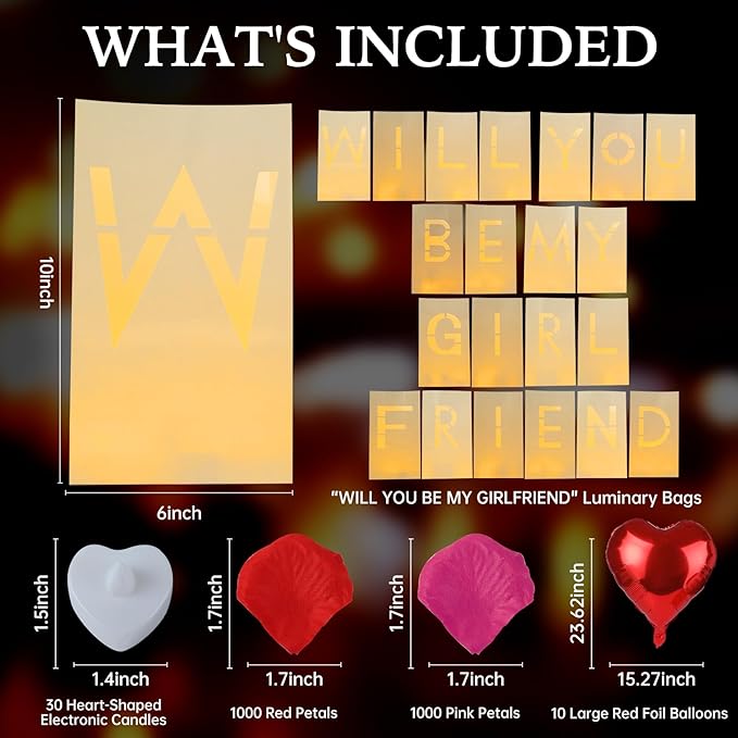 Will You Be My Girlfriend Decorations – Valentine’s Day Surprise Set with Light Up Letters, 30 Tea Light Candles, 2000 Rose Petals, 10 Balloons – Luminary Bags for Romantic Setup