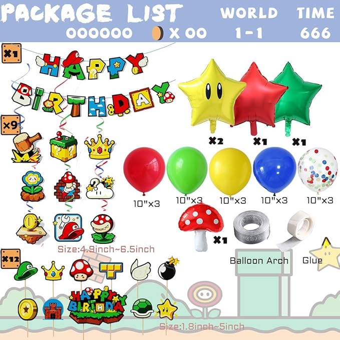 Game Bro Theme Birthday Party Decorations Set, Banner, Balloons, Hanging Swirls, Cake Toppers Colorful Graphics for Gaming Fans Game Theme Birthdays and Adventures
