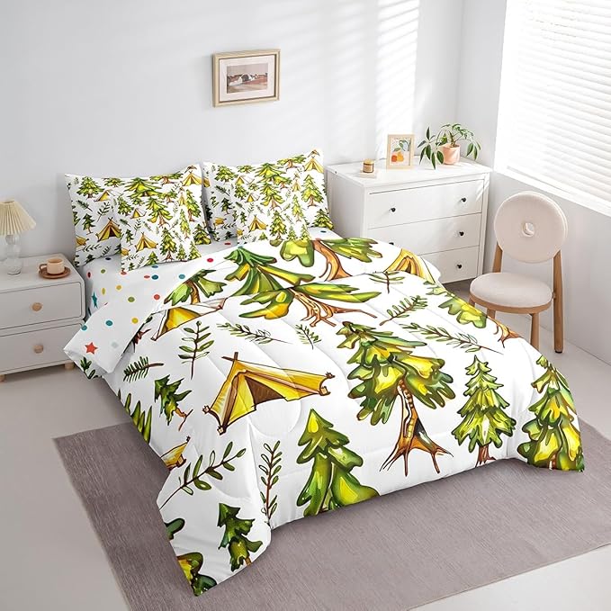 jejeloiu Happy Camping Comforter Set with Sheets King Size 7 Pieces Kids Tree Branches Woodland Bedding Set for Boys Girls Summer Leaves Pattern Nature Theme Bed in a Bag Room Decor