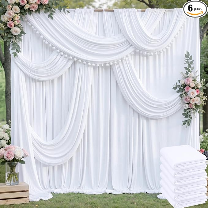 30ftx10ft Wrinkle Free White Backdrop Curtains for Party Background, 6 Panels 5x10ft Silky Polyester Photo Backdrop Drapes Back Drop Cloth for Wedding Birthday Photography Baby Shower Decor