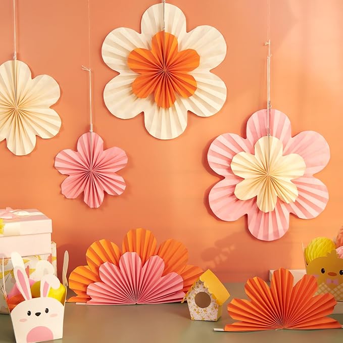 PAPER JAZZ Spring Paper Flowers Decoration Summer Orange Birthday Party Decoration Orange Pink Groovy Paper Fans Classroom for Wall Hanging Decor for Office Baby Shower Bulletin Board.