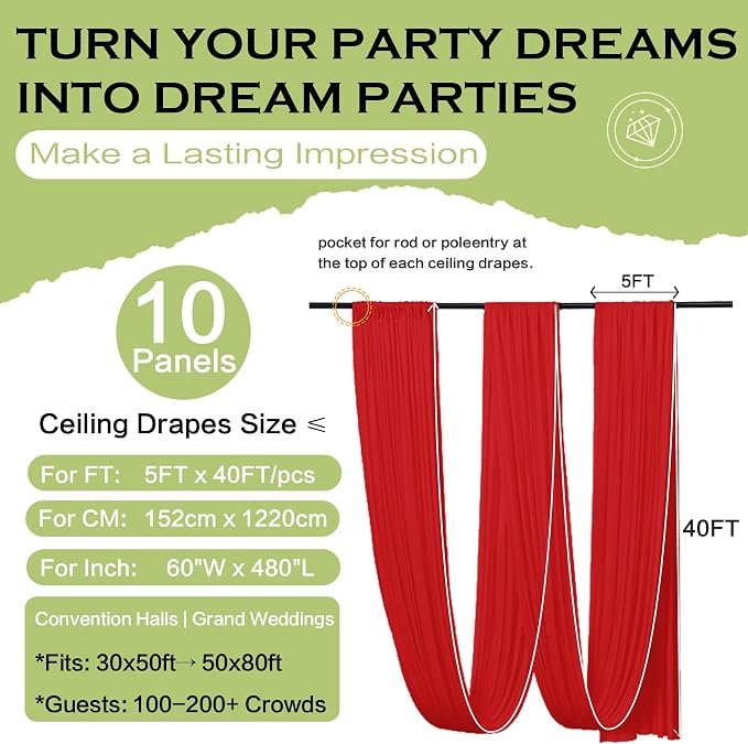 50ftx40ft Red Ceiling Curtain for Wedding Parties – 10 Panels Wrinkle-Free 40 FT Long Tent Draping Curtains for Wedding, Birthday & Theme Parties, 40ft Height with Rod Pocket
