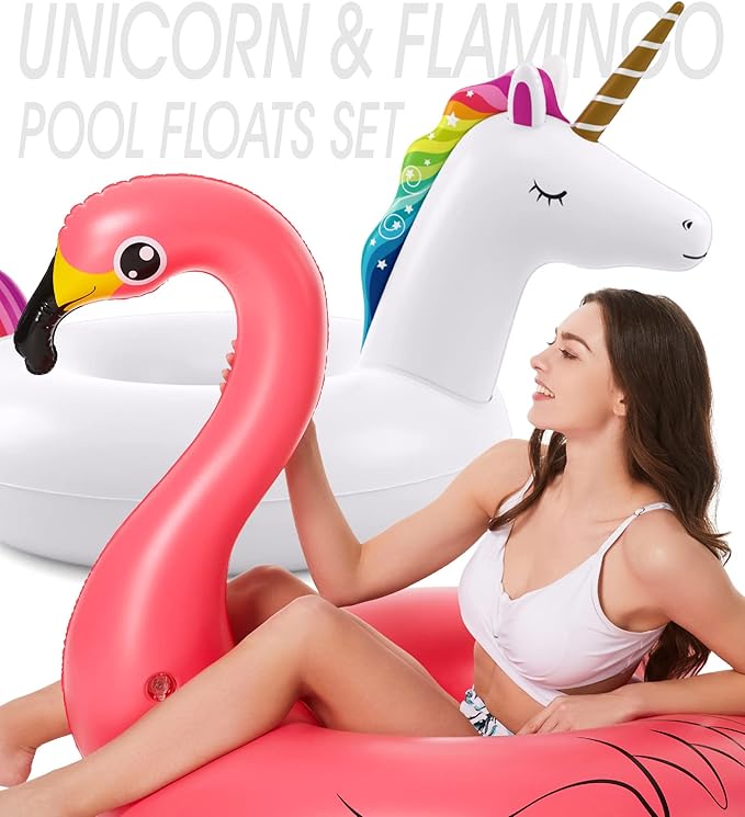 Jasonwell 2 Pack Unicorn Flamingo Pool Floaties - Inflatables Rafts for Swimming, Lake, Beach - Floaty Swim Rings for Adults, Kids