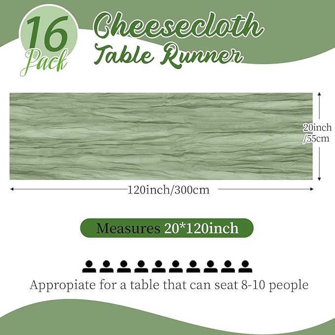 16 Pack Sage Green Cheesecloth Table Runners 20x120 Inch Gauze Table Runner Cheese Cloth 10FT Green Table Runner Rustic Sheer Runner for Wedding Baby Shower Birthday Party Table Decor