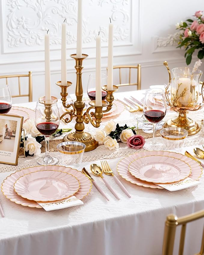 Ciaell 175 PCS Pink Scalloped Plastic Plates with Gold Trim - Pink Plastic Silverware with Handle - Fancy High-End Dinnerware Sets for Wedding & Baby Showers & Party