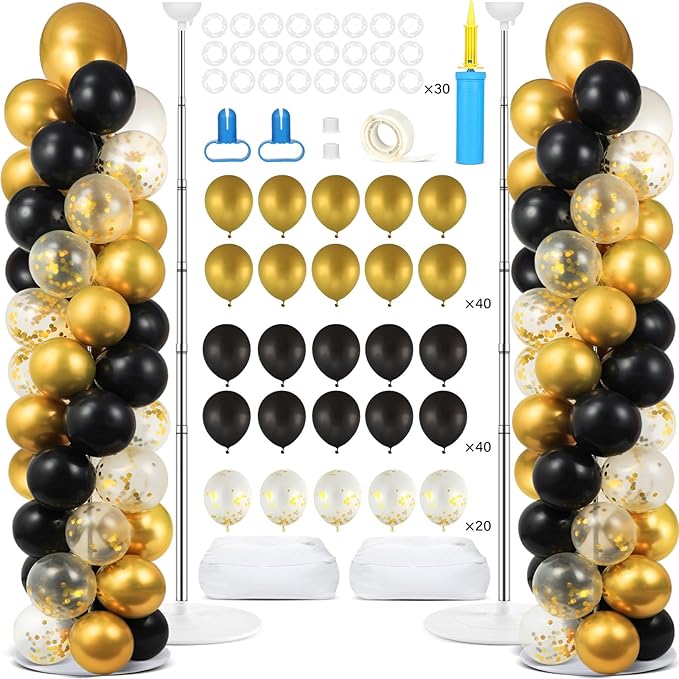 2 Set Black and Gold Balloons Column Stand Kit with 100 Balloons Adjustable Balloon Stand with Bases for Floor Black Gold Confetti Balloon Column Kit for Bridal Shower Valentine Birthday Party Decor
