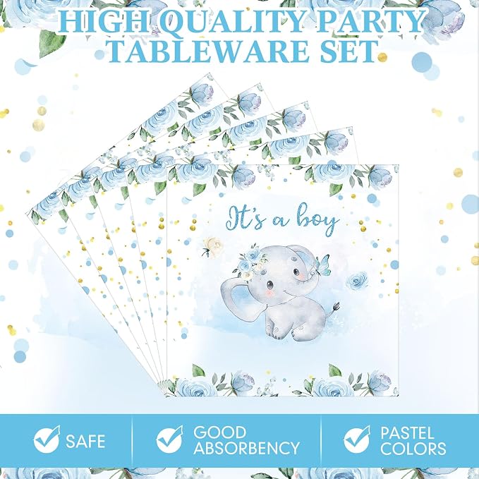 Funnymoom 200 Pcs Elephant Baby Shower Party Supplies Kit It's a Boy Disposable Paper Dinner Plates Dessert Plates Baby Gender Reveal Napkins for Blue Floral Elephant Baby Shower Party 50 Guests
