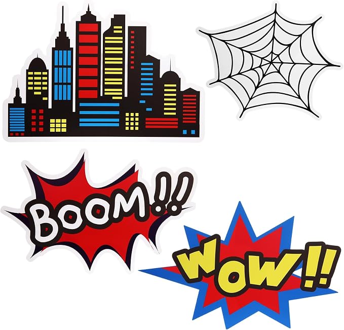 Honoson 4 Pcs Large 24" x 32" Spider Birthday Party Decorations Cardboard Cutouts, Comic Action Sign Skyscraper City Buildings Spider Web Backdrop Party Supplies for Baby Shower Classroom Photo Props