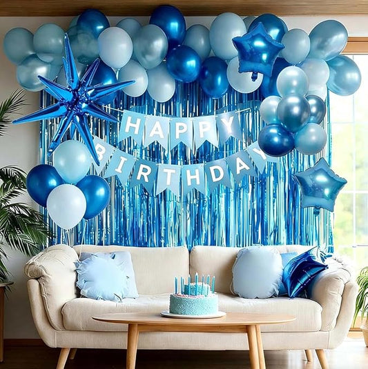 Blue Birthday Party Balloon Kit,Metallic Blue Pearl Balloons Happy Birthdays Banner Fringe Curtains Explosion Star Foil Balloon for Women Man Baby Shower Birthday Decoration