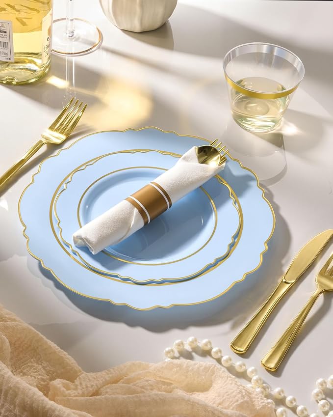 realluck 350 Piece Light Blue Plastic Dinnerware Set for 50 Guests Elegant Disposable Dinnerware for Weddings, Parties, 100 Plastic Plates, 50 Pre Rolled Napkins with Silverware, 50 Cups