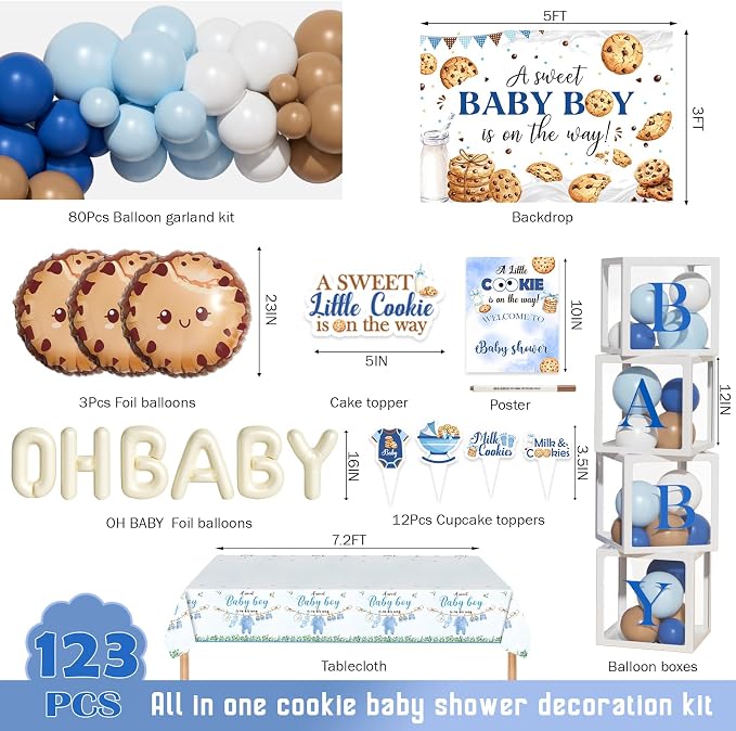 Costova Milk and Cookies Baby Shower Decorations, 123 PCs Cookie Baby Shower Party Supplies with A Sweet Little Cookie Is on the Way Backdrop, Balloon Garland, Cake Topper, Boxes