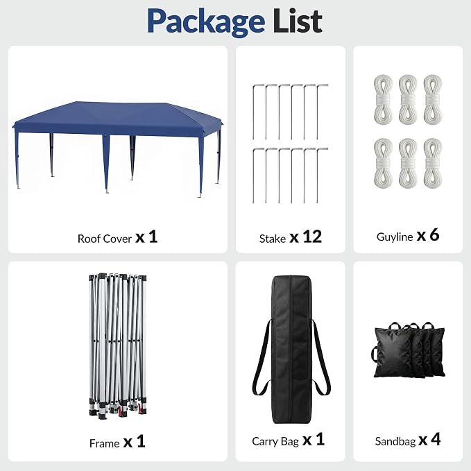 10x20 Pop Up Canopy Without Sidewalls, Instant Tent with Carry Bag, Sandbags, Height Adjustable Waterproof Outdoor Canopy, Outdoor Canopy for Events, Camping, Parties (Blue)