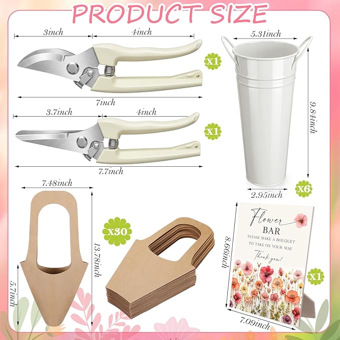 LEIFIDE Flower Bar Buckets Set Kit Bloom Bar Supplies Include Wood Sign Gift Bags Iron Bucket Garden Flower Shears for Wedding Bridal Shower Graduation Birthday Table Centerpieces(39 Pcs,Light Beige)
