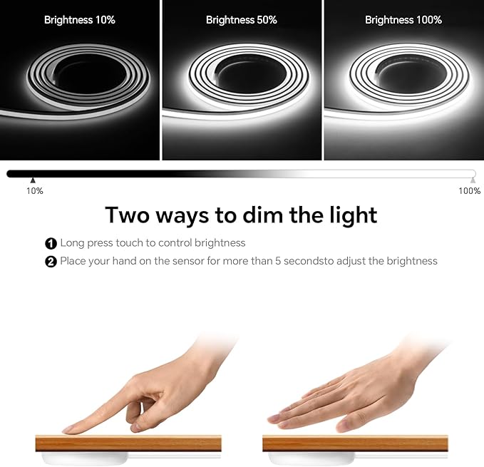 16.4FT Neon COB LED Strip Lights 24V 1400 LEDs Penetrable Wood Touch Sensor LED Rope Lights Waterproof White Dimmable Silicone Neon Light Strip for Indoors Bar Bedroom Cabinet Decor