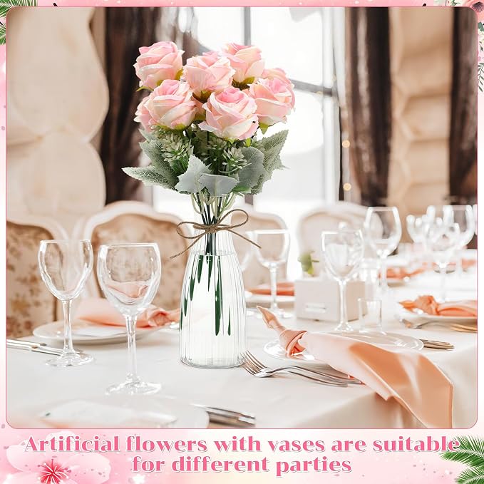 Zeyune 36 Pack Artificial Flowers Centerpiece with Vase Bulk for Wedding Table 24 Bundles Silk Floral Faux Rose Bouquet with 12 Plastic Vase for Bridal Shower Table Decor(Light Pink)