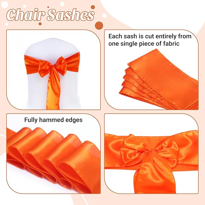 MDS Satin Chair Sashes, 10 Pack, 7”x108” Each, Decorative Chair Bows Ribbon Tie Backs for Wedding Party, Holiday Dinner, Birthday, Reception, Banquet, Hotel & Event Decoration - Orange