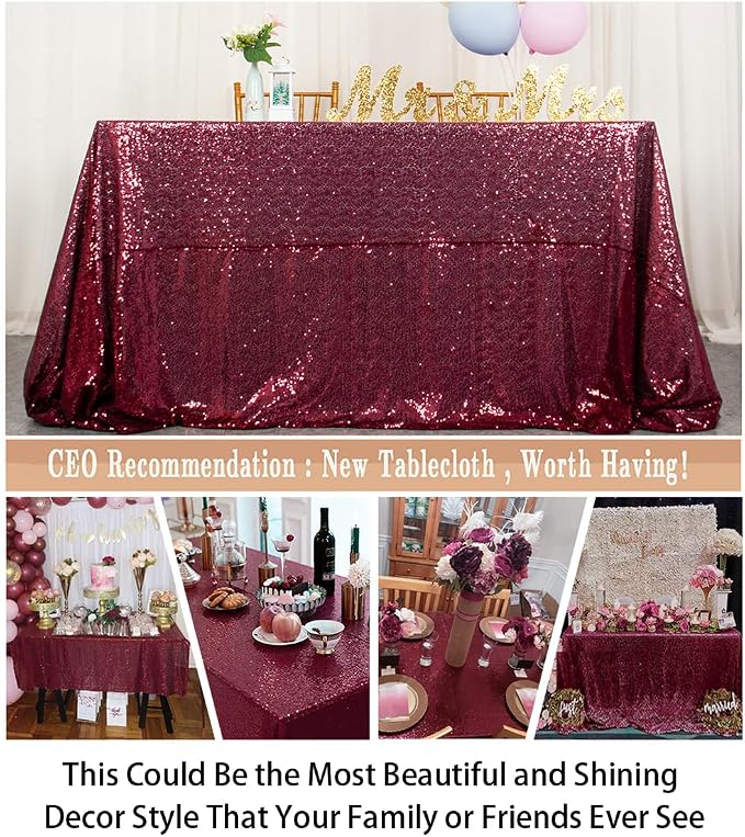 ShiDianYi Sequin Tablecloth Burgundy 90x132-Inch Sequin Table Linens Rectangle Wine Tablecloth for Wedding Decor -190222E