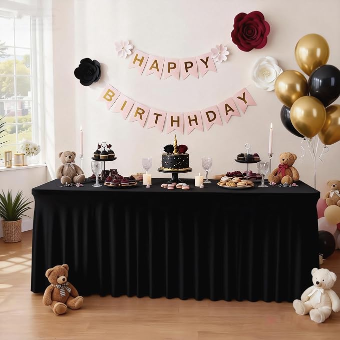 6 Packs Black Table Clothes for 8 Foot Rectangle Tables, One-Piece Wrinkle Resistant Stretch Spandex Table Covers with Skirt for Event Banquet Wedding Birthday Party