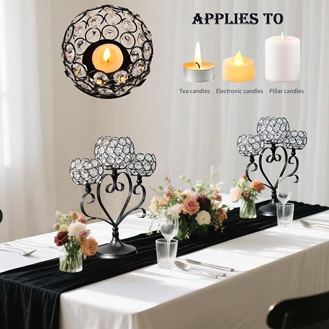 6 Pcs 3-Arm Heart Tea Light Candle Holder - Crystal & Metal Wedding Centerpiece Decor, Sparkling Table Decor for Anniversaries/Romantic Tabletop Home/Dinner Party/Events (6, Black)