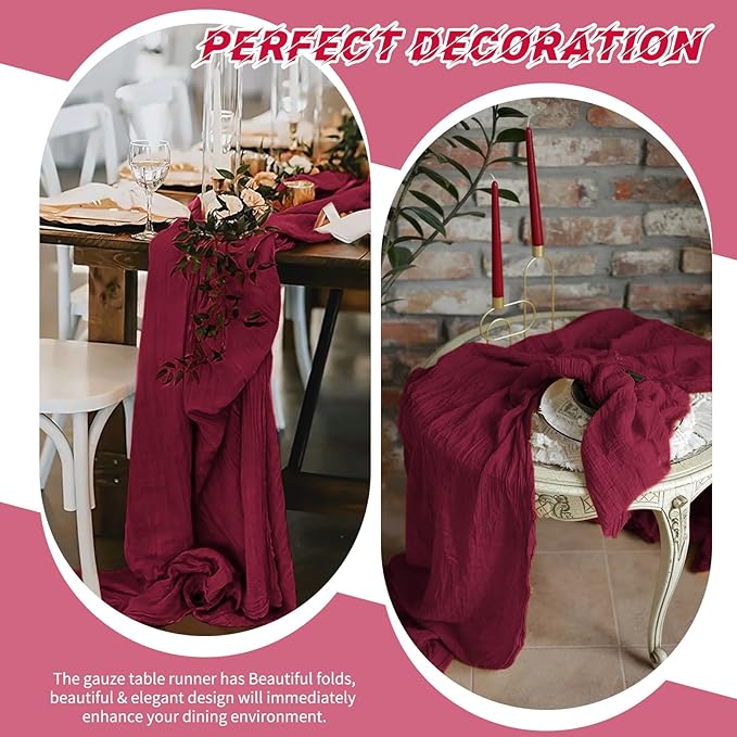10 Pack Burgundy Cheesecloth Table Runner 17x108 Inch Semi Sheer Boho Gauze Cheese Cloth Table Runners, for Wedding Bridal Shower Birthday Party Home Decor Garden Farmhouse