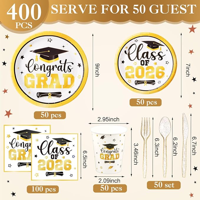 Funnymoom 400 Pcs Graduation Party Supplies Class of 2026 Graduation Paper Plate Napkin Cup Cutlery Congrats Grad Disposable Tableware Set for Grad Party Decorations, Serve 50 (Gold, Black)
