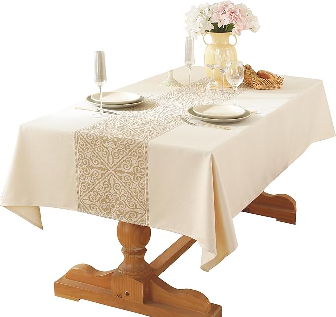Linen Textured Tablecloth for Rectangle Tables | Heavy Duty Spillproof & Water Resistant Woven Table Cover for Farmhouse Kitchen, Dining Room, Beige