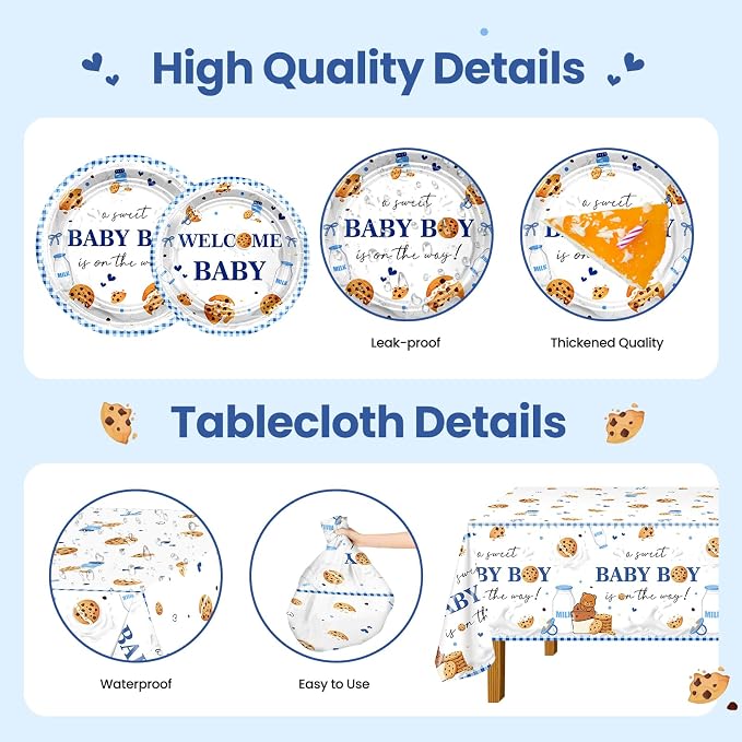 Milk and Cookies Baby Shower Decorations Kit:134 Pcs Welcome Baby Boy Plates Napkins Tablecloth Banner Hanging Swirls Cake Toppers Balloons Cookies Baby Shower Decorations for Boy