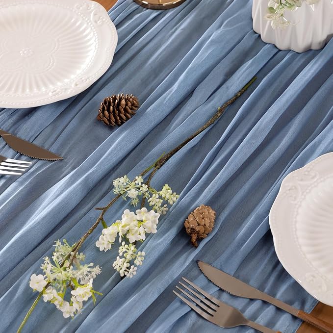 LINXTAR Dusty Blue Cheesecloth Table Runner 120 Inches 10Ft Gauze Summer Boho Table Runner for Wedding Tea Party Baby Shower Bridal Birthday Home Decoration