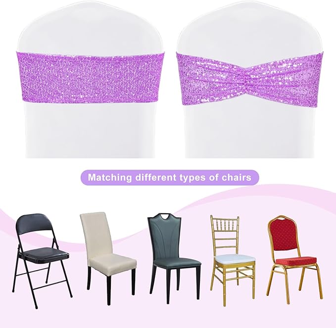 SquarePie 50 Pcs Sequin Chair Sashes Lavender Sequin Sashes Bands Decorative Ties for Wedding Party Festive Chair Cover Decor