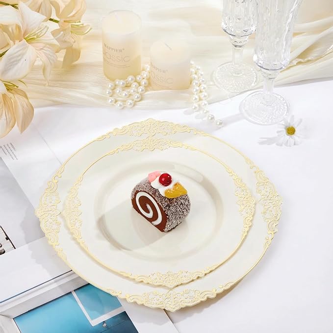 Bestluck 200 PCS Ivory and Gold Plastic Plates for 100 Guests, Gold Disposable Plates Include 100 PCS Dinner Plates, 100 PCS Dessert Plates for Party, Wedding and Graduation (200, Ivory White)