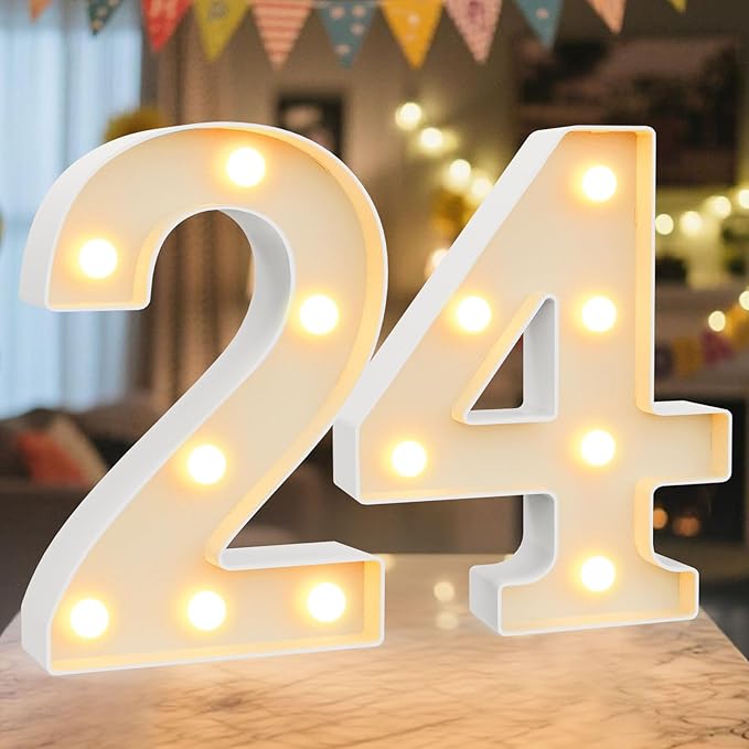 LED Marquee Light Up Numbers Sign - Lighted Birthday Numbers Sign for 24th Birthday Party Decoration, Bar Wall, Home, Table Room, Wedding and Christmas Decorations, Number 24