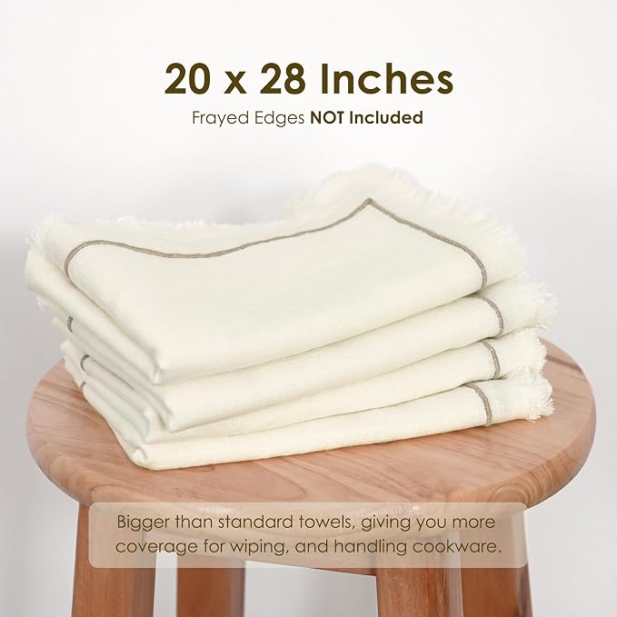 Linen World Dish Towels Set of 4, 20 x 28 Inch Linen Blend Kitchen Towel, Frayed Edge, Embroidered Border, Absorbent Large Tea Towels-Cream