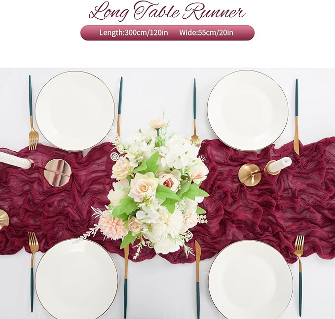 10 Pack Burgundy Red Christmas Table Runner 10FT Cheesecloth Boho Rustic Gauze 20 x 120 Inch Cheese Cloth Runner for Wedding Party Bridal Shower Thanksgiving Christmas Decoration