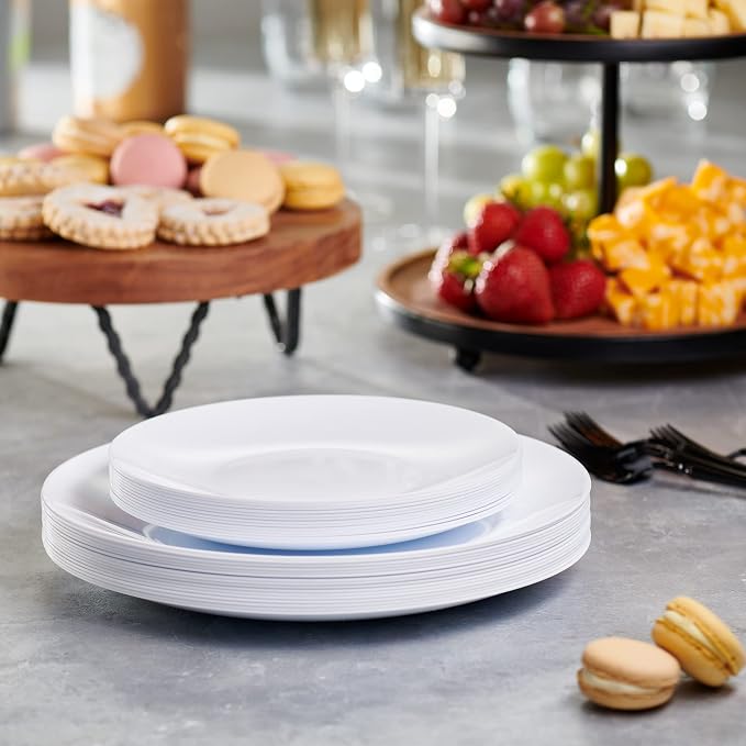 PLASTICPRO White Plastic Design Party Plates Premium heavyweight Elegant Disposable Tableware Dishes (128, White Organic)